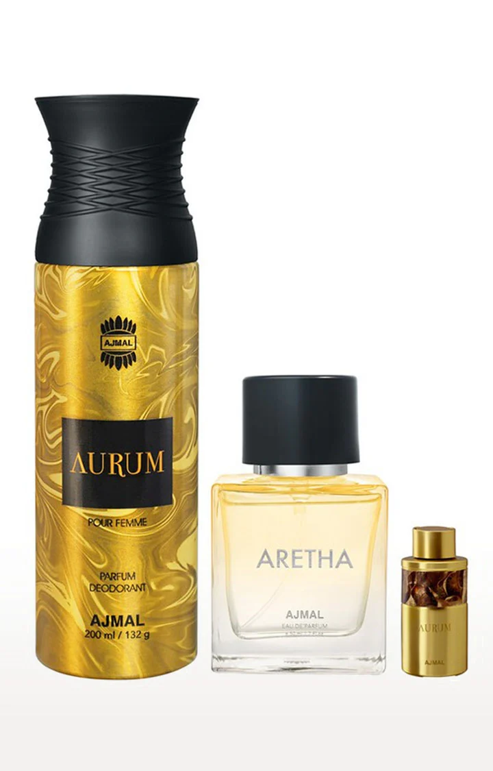 Ajmal Aurum Concentrated Perfume 10ml 0.3 Fl.oz. + Aurum Deodrant 200ml 6.7 Fl.oz.   + Aretha Eau De Parfum 50ml 1.6 Fl.oz. | For Unisex Combo Of 3 - Image 2