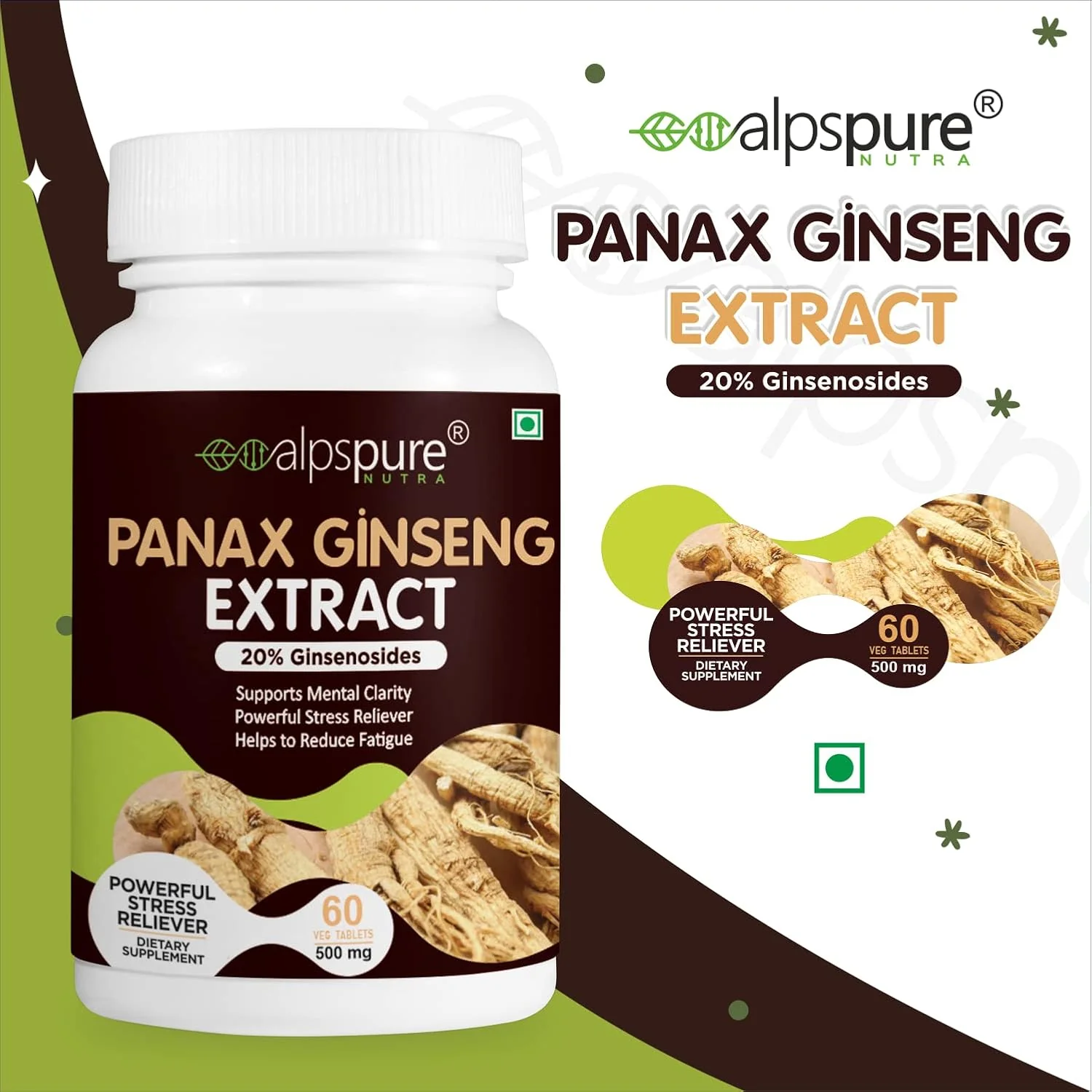 Alpspure Nutra Panax Ginseng Extract Tablets 500mg Korean Ginseng Extract Improves Exercise Performance, Immune Function, & Stress Reliever For Men & Women | 60 Tablets 100gm 0.2lbs - Image 2