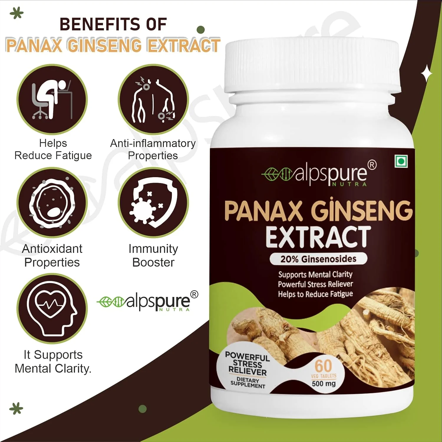Alpspure Nutra Panax Ginseng Extract Tablets 500mg Korean Ginseng Extract Improves Exercise Performance, Immune Function, & Stress Reliever For Men & Women | 60 Tablets 100gm 0.2lbs - Image 3