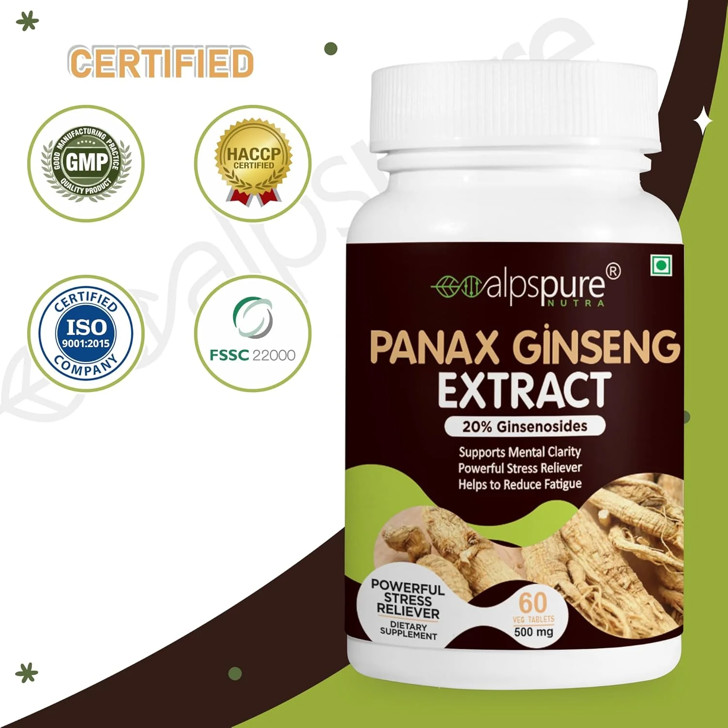 Alpspure Nutra Panax Ginseng Extract Tablets 500mg Korean Ginseng Extract Improves Exercise Performance, Immune Function, & Stress Reliever For Men & Women | 60 Tablets 100gm 0.2lbs - Image 4