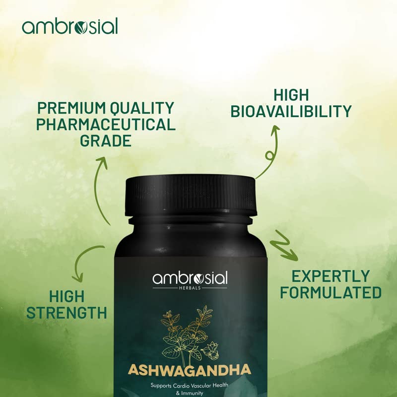 Ambrosial Ashwagandha 500mg Herbal Supplement 100% Natural & Vegan High Strength, Immunity Support, Improves Blood Flow & Reduces Cortisol Levels | 60 Capsules 100gm 0.2lbs - Image 3