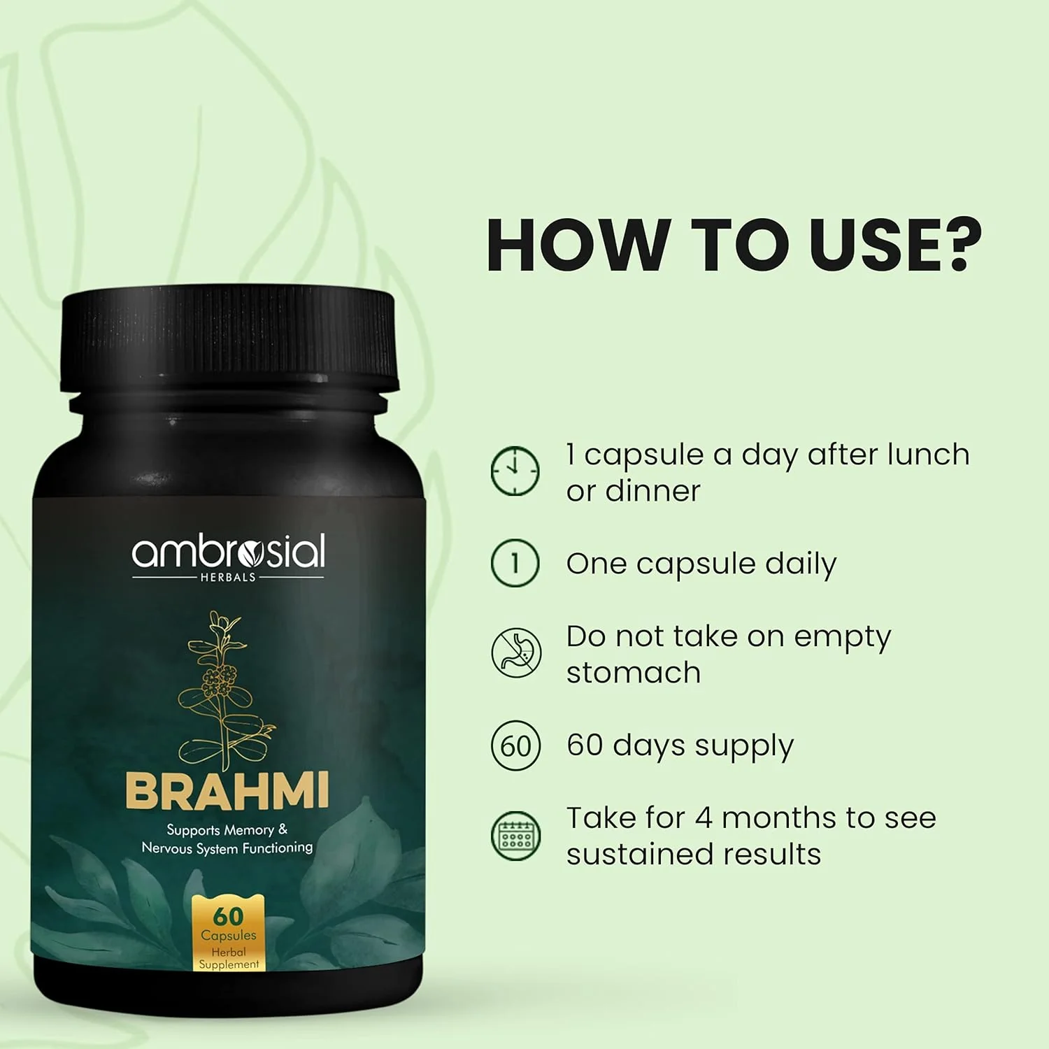 Ambrosial Brahmi Capsules 500mg Bacopa Monnieri, High Strength Brain Nootropics Supplements To Focus, Mental Performance & Energy | 60 Capsules 100gm 0.2lbs Each Pack Of 2 - Image 5