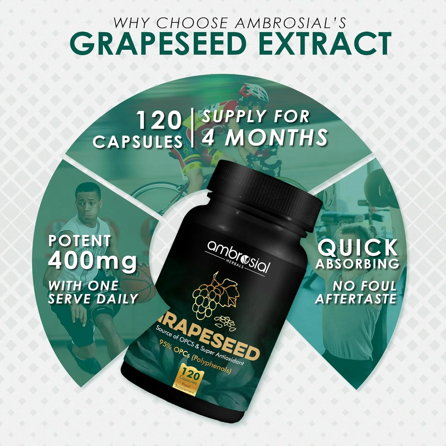 Ambrosial Grape Seed Extract Capsules 95% Opcs Polyphenols High Strength Grape Seed Supplement Strong Antioxidant | 120 Vegan Capsules 150gm 0.3lbs - Image 2