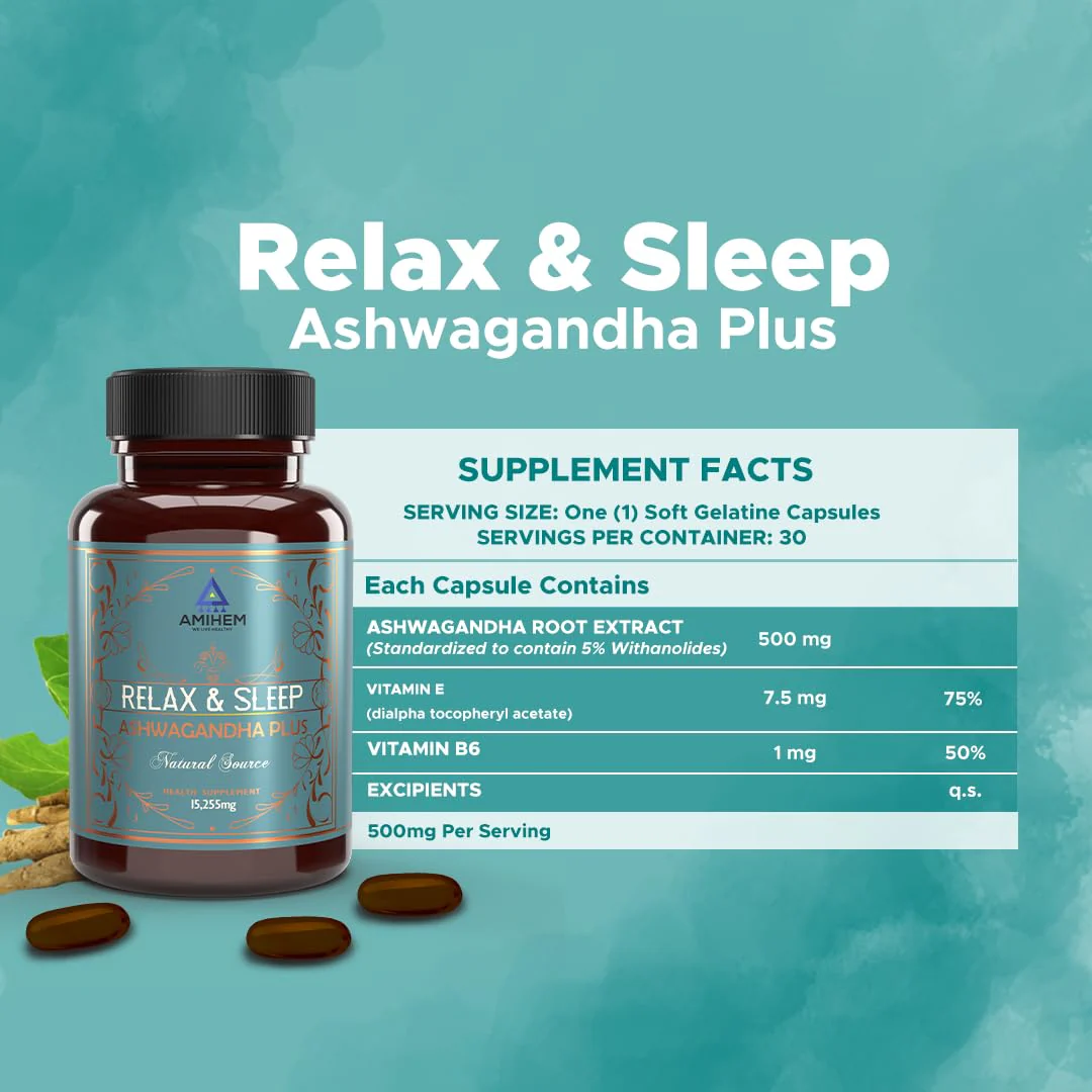 Amihem Ashwagandha Root Extract Stress Relief, Sleep Support & Cognitive Enhancement 500mg With 5% Withanolides Added Vitamin B6 & E Immunity Boost, Strength | 30 Tablets 50gm 0.1lbs Each Pack Of 2 - Image 4