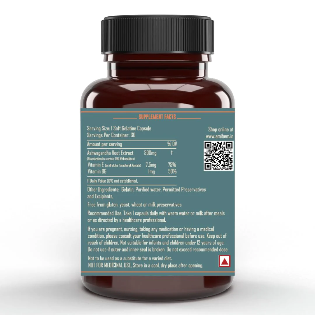 Amihem Ashwagandha Root Extract Stress Relief, Sleep Support & Cognitive Enhancement 500mg With 5% Withanolides Added Vitamin B6 & E Immunity Boost, Strength | 30 Tablets 50gm 0.1lbs Each Pack Of 2 - Image 5