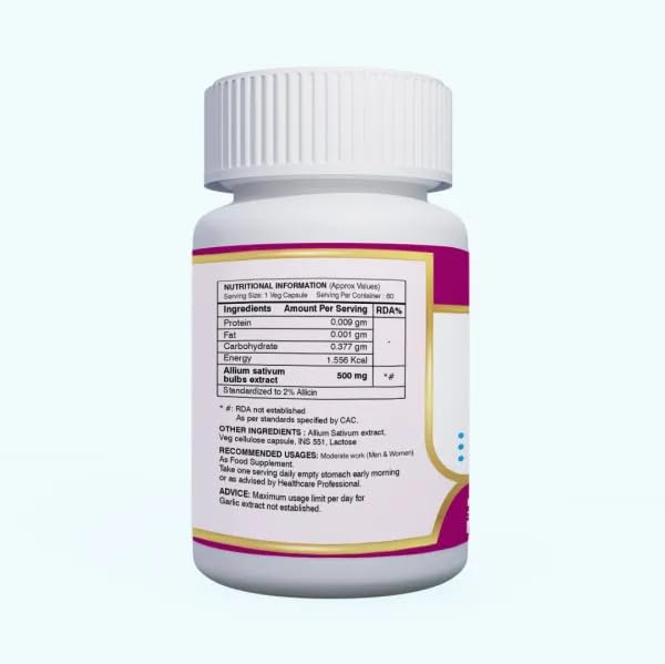 Anjix Garlic Extract, Allium Sativum Capsules, Supports Immune Health, 2% Allicin, 500mg, Helps To Protect Against Common Cold & Illness | 60 Veg Capsules 100gm 0.2lbs - Image 2