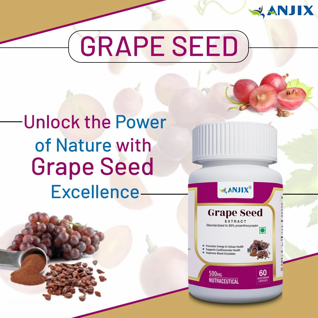 Anjix Grapes Seed Extract 500mg Capsules, Antioxidant Supplement, Promote Healthy Hair, Skin & Good Health, Healthy Cholesterol Level, Boost Immunity | 60 Veg Capsules 100gm 0.2lbs - Image 3
