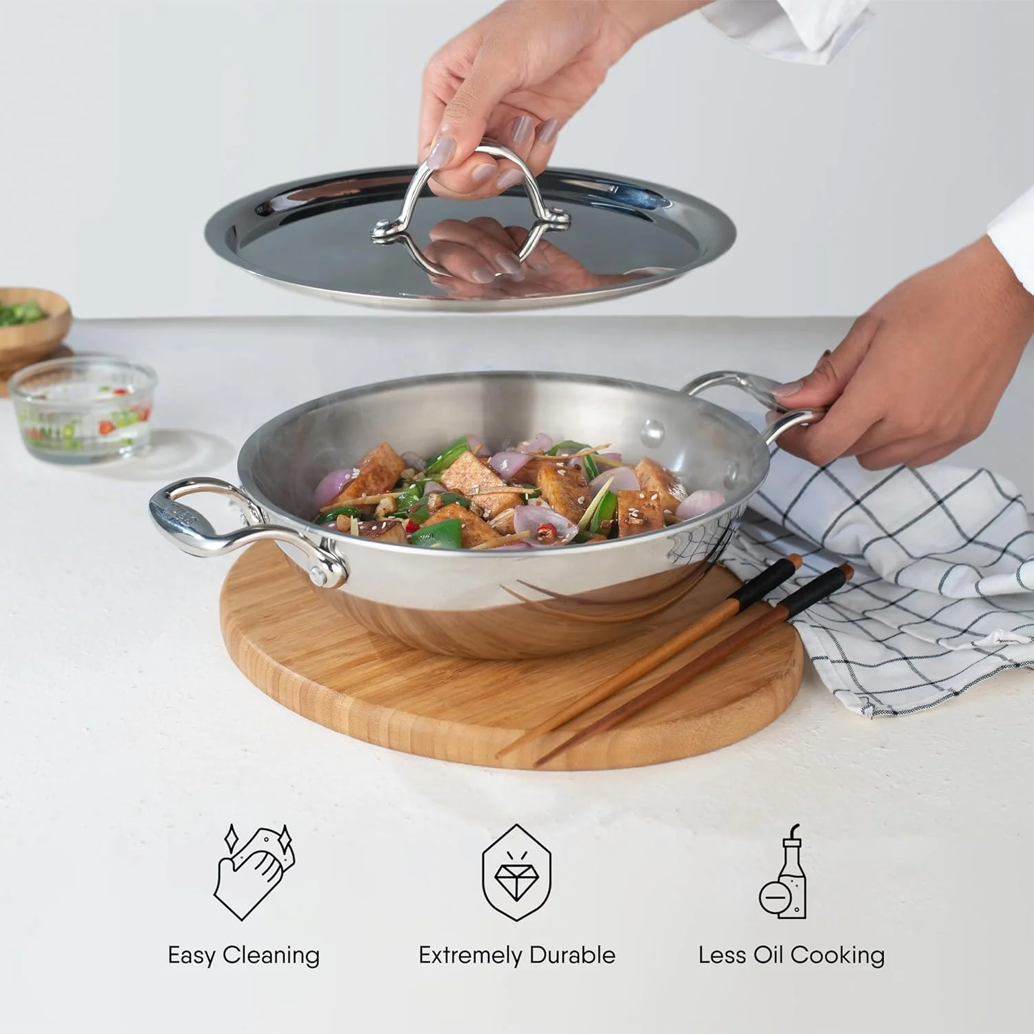 Artisan Triply Silver Stainless Steel Kadhai With Lid, 4.4 Liters | Kadai For Cooking, Stainless Steel Cookware Triply Kadai, Induction & Gas Stove Compatible, 28 Cm - Image 6