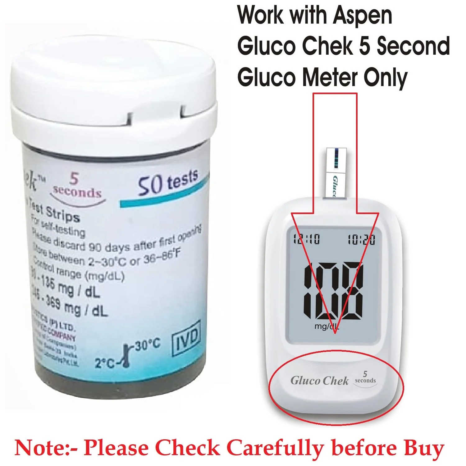 Aspen Gluco Chek 5 Sec. Blood Glucose Glucometer Test Strips - 100 Strips (Only Strips, No Glucometer) - Image 2
