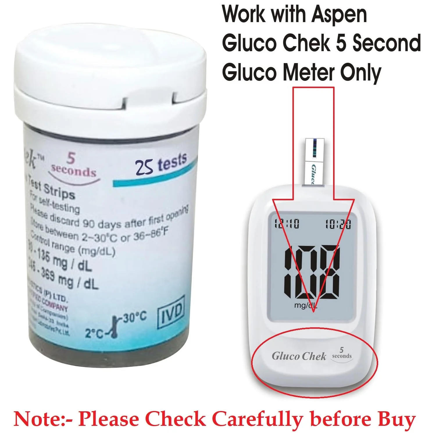Aspen Gluco Chek 5 Sec Blood Glucose Glucometer Test Strips - 25 Strips (Only Strips, No Glucometer) - Image 2