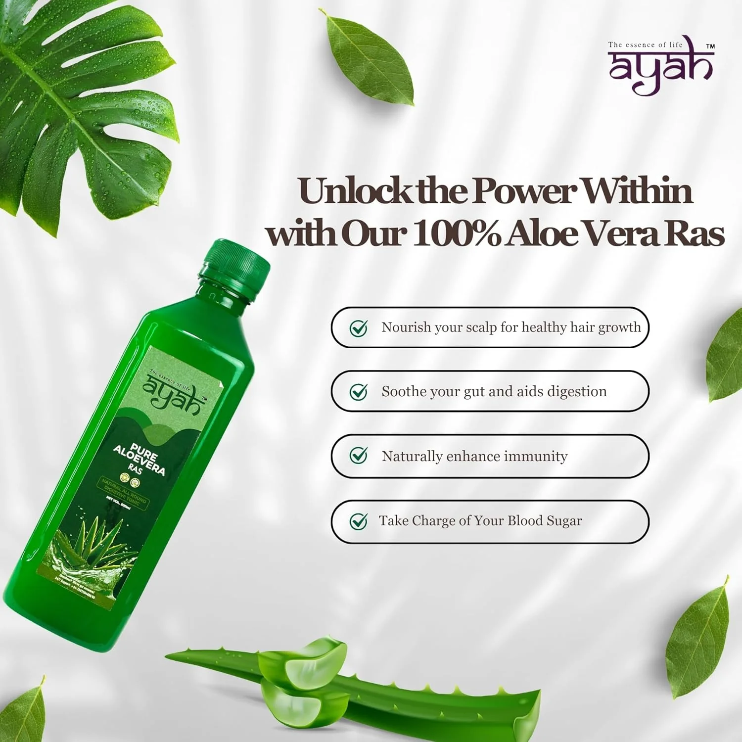 Ayah Pure Aloe Vera Ras Health Juice Ayurvedic Detox Boost Immunity, Skin Tone, Digestion & Hair Care, Reduce Bloating & Constipation Rich In Antioxidant & Relieve In Body Pain, 500ml 1.1lbs - Image 3