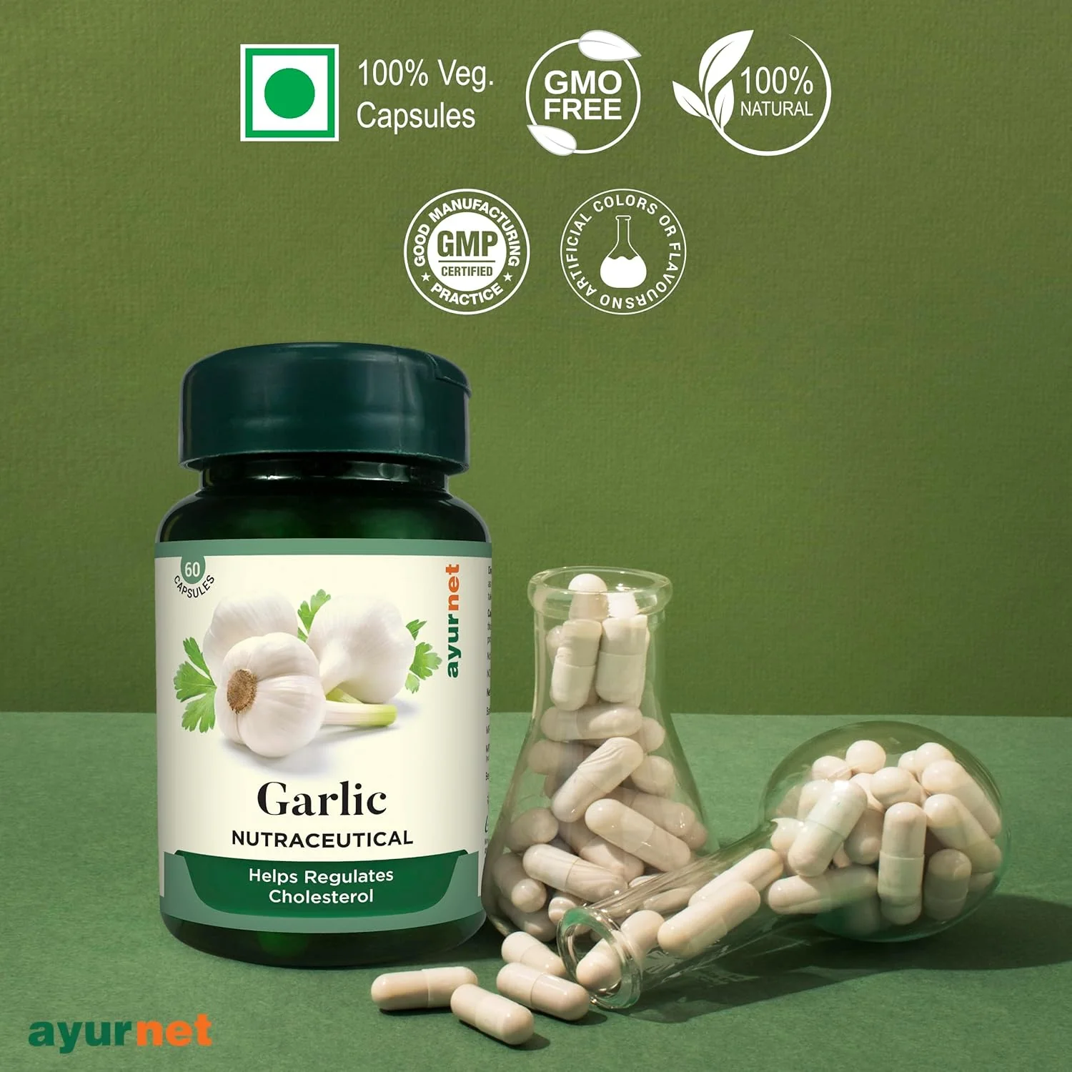 Ayurnet Garlic Capsules Helps To Regulates Cholesterol & Keep Away From Hyper Tension, 100% Organic & Vegetarian | 60 Capsules 100gm 0.2lbs - Image 4