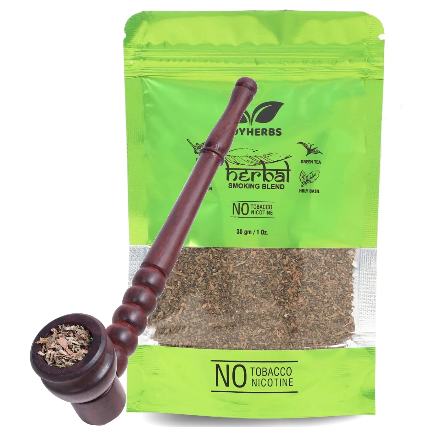 Ayurvedic & Organic Herbs Mix For Smoking, Nicotine & Tobacco Free 30g - With Wooden Smoking Pipe Smoking Accessories Kit