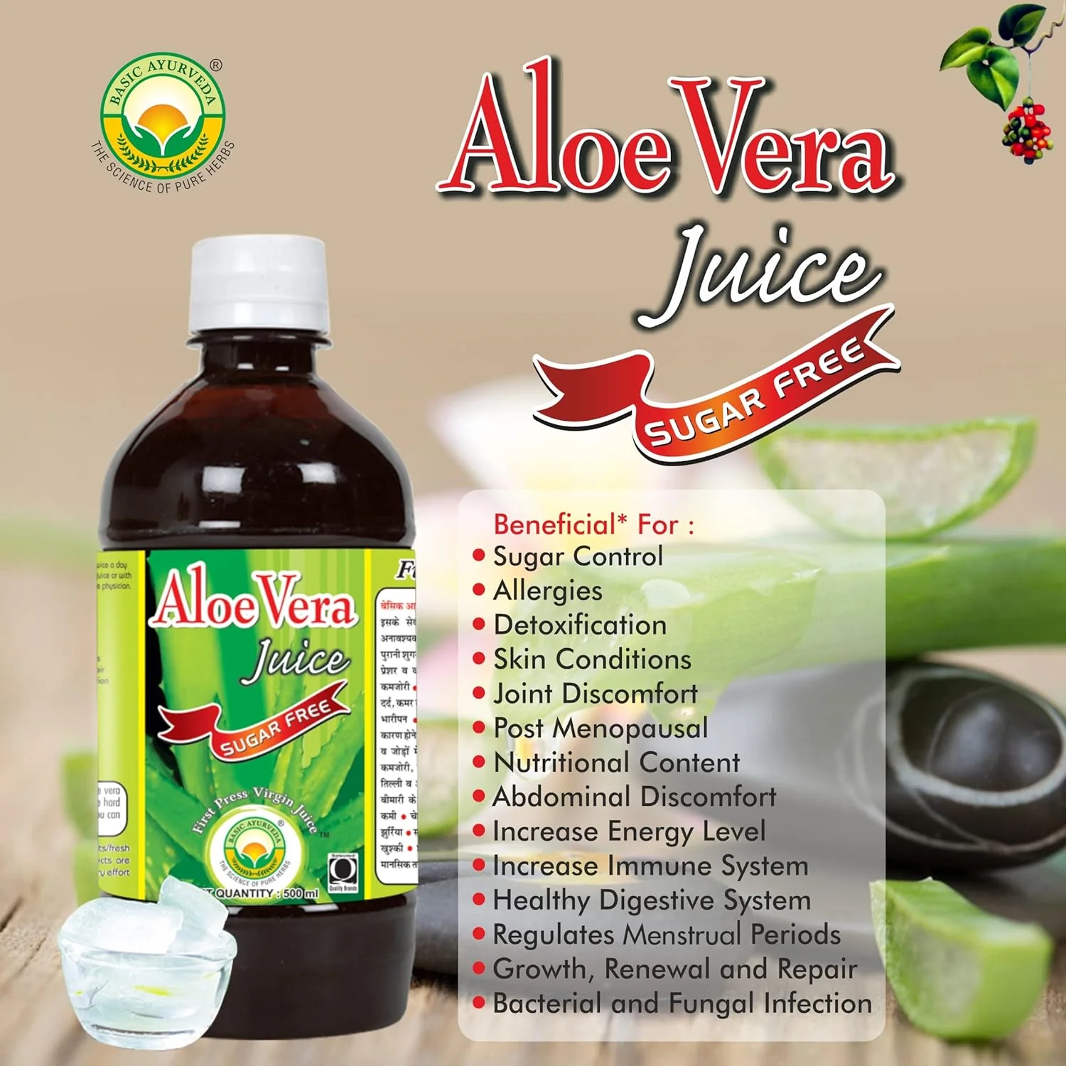 Basic Ayurveda Aloe Vera Juice Sugar Free Control Cholesterol Levels Beauty Needs Flush Out Toxins | 500ml 1.1lbs - Image 3