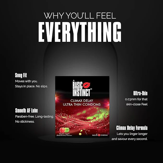 Basic Instinct Climax Delay Ultra Thin Latex Condoms For Men Double Apple 3 Pcs Pack Of 5 - Image 3