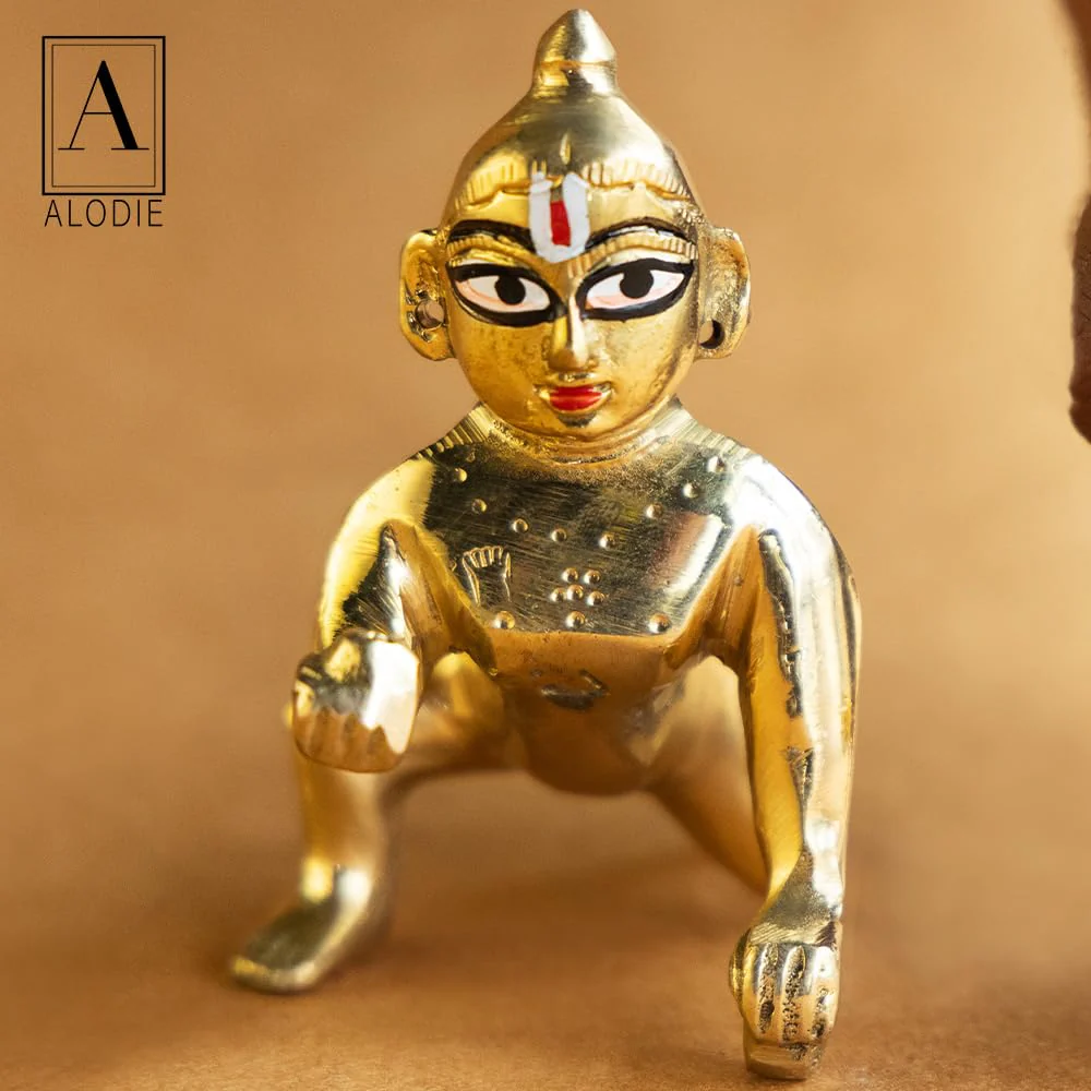 Beautiful Brass Laddu Gopal Murti, Bal Gopal, Gold, Brass, Idol Size - Medium 4 X 2 Inch, Petal Ke Laddoo Gopal Ji, Thakur Ji, Lord Krishna Murti, Home Décor, God Idol - Image 2