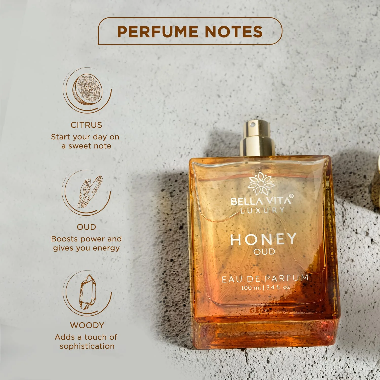 Bella Vita Luxury Honey Oud Eau De Parfum 100ml 3.4 Fl.oz. Unisex Luxury Fragrance | Long Lasting - Image 4