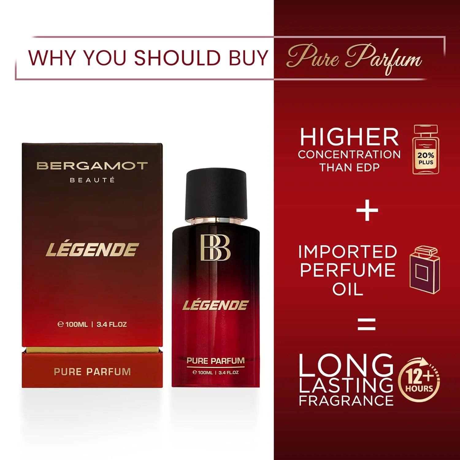 Bergamot Beaute Legende Pure Parfum 100ml 3.4 Fl.oz. | 12+ Hrs Long Lasting Perfume For Men | Higher Concentration Than EDP - Image 3