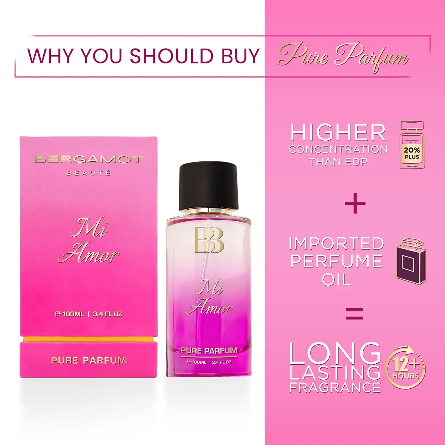 Bergamot Beaute Mi Amor Pure Parfum 100ml 3.4 Fl.oz. | 12+ Hrs Long Lasting Perfume For Women | Higher Concentration Than EDP - Image 3