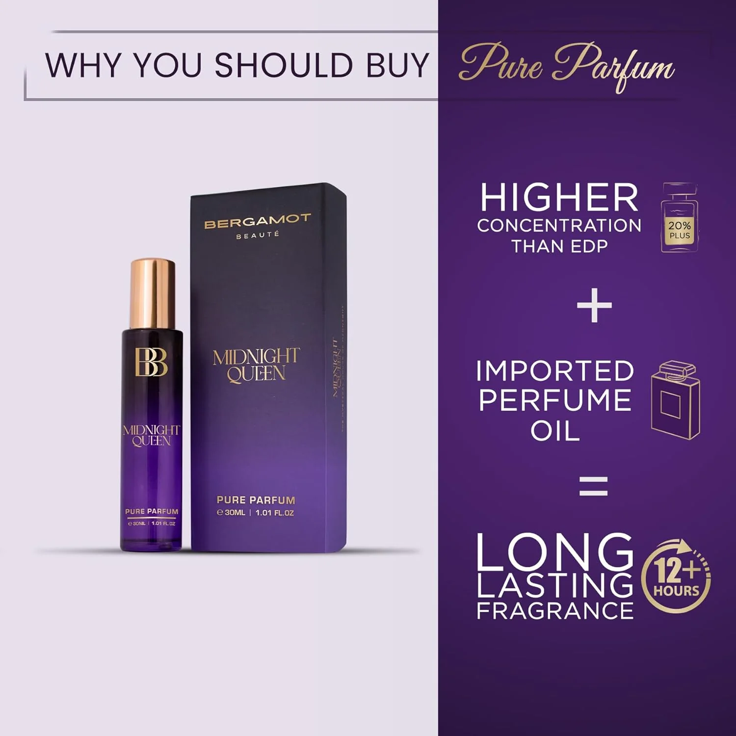 Bergamot Beaute Midnight Queen Pure Parfum 30ml 1.0 Fl.oz. | 12+ Hrs Long Lasting Perfume For Women | Higher Concentration Than EDP - Image 3