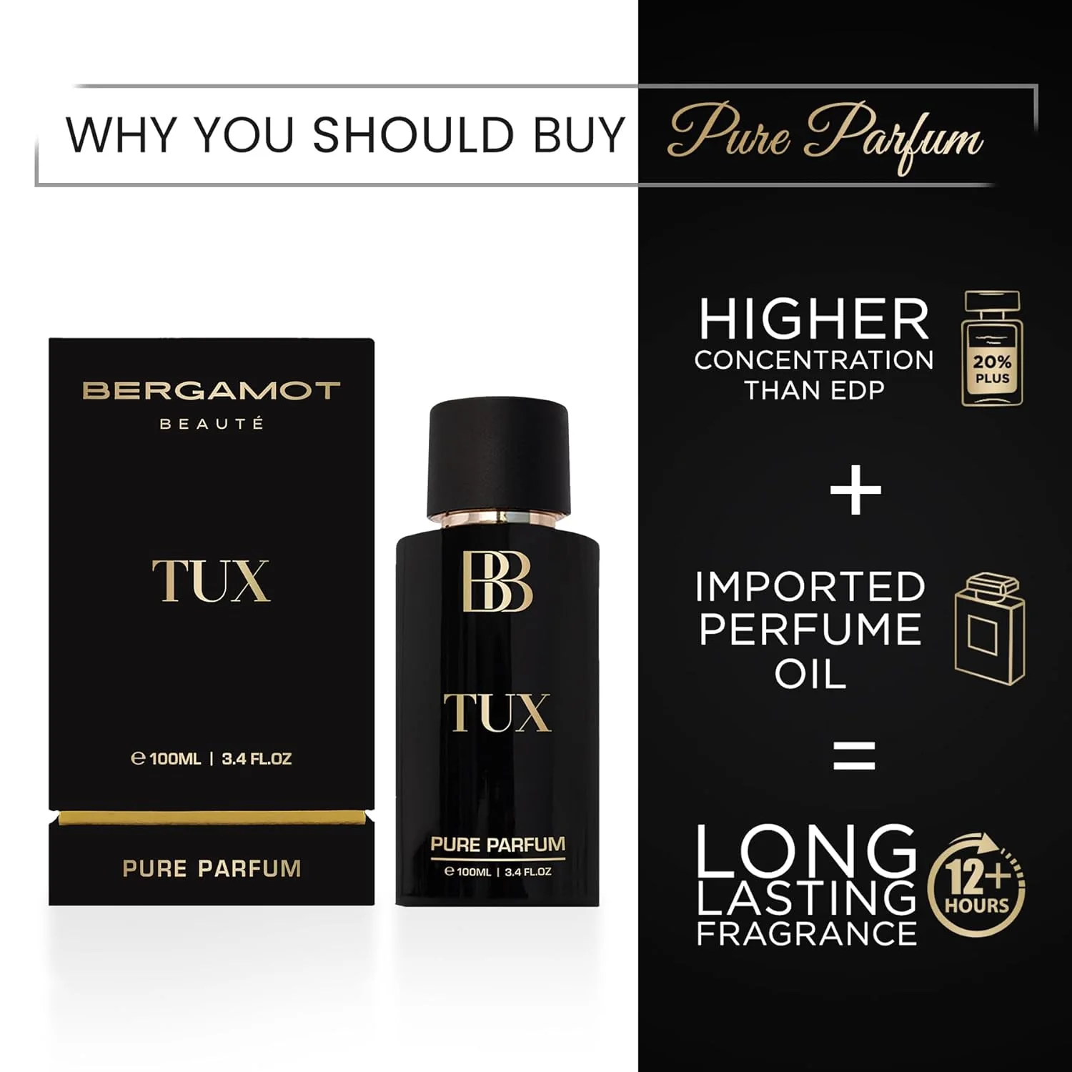 Bergamot Beaute Tux Pure Parfum 100ml 3.4 Fl.oz. 12+Hrs Long Lasting Perfume For Men | Higher Concentration Than Eau De Parfum - Image 3