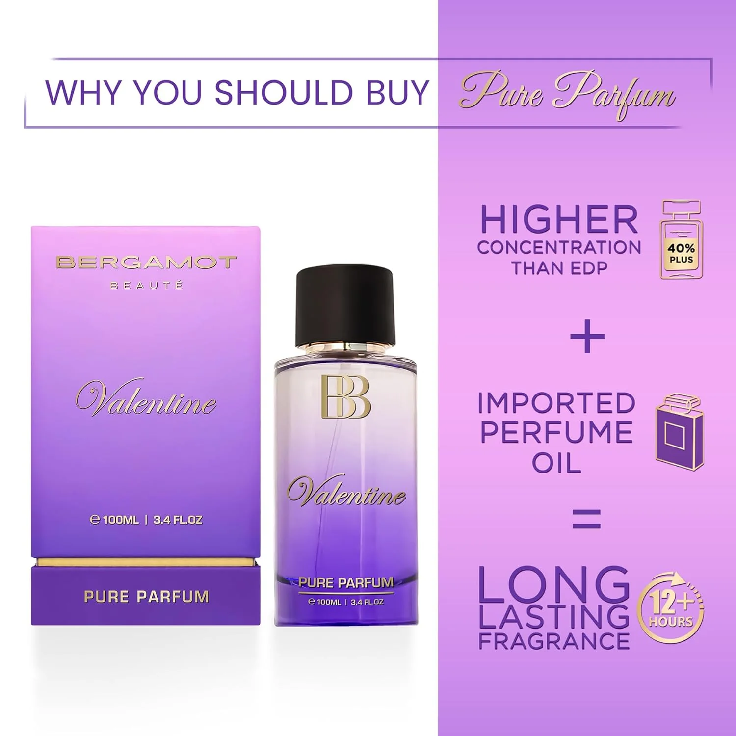 Bergamot Beaute Valentine Pure Parfum 100ml 3.4 Fl.oz. | 12+ Hrs Long Lasting Perfume For Women | Higher Concentration Than EDP - Image 3