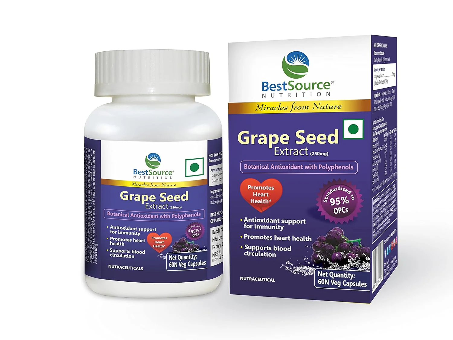 Bestsource Nutrition's Grape Seed Extract, Botanical Antioxidant With 95% Opcs, For Immunity & Heart Health, 250mg | 60 Veg Capsules 100gm 0.2lbs