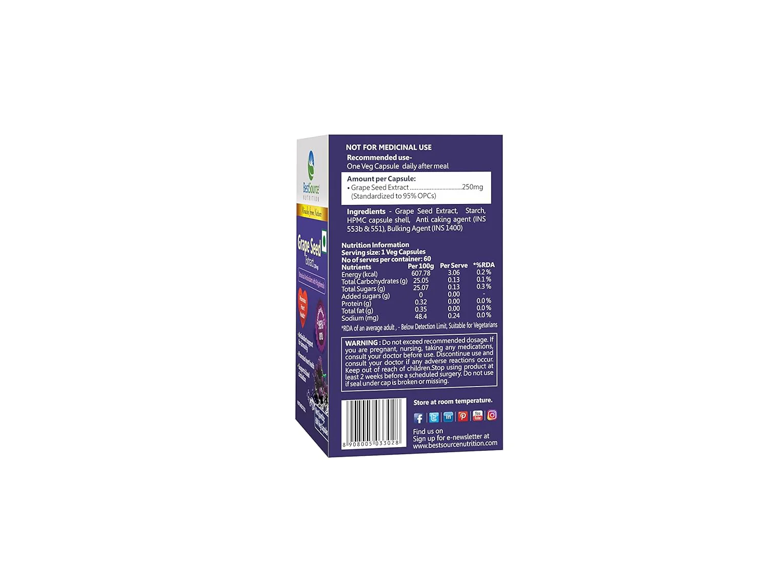 Bestsource Nutrition's Grape Seed Extract, Botanical Antioxidant With 95% Opcs, For Immunity & Heart Health, 250mg | 60 Veg Capsules 100gm 0.2lbs - Image 2