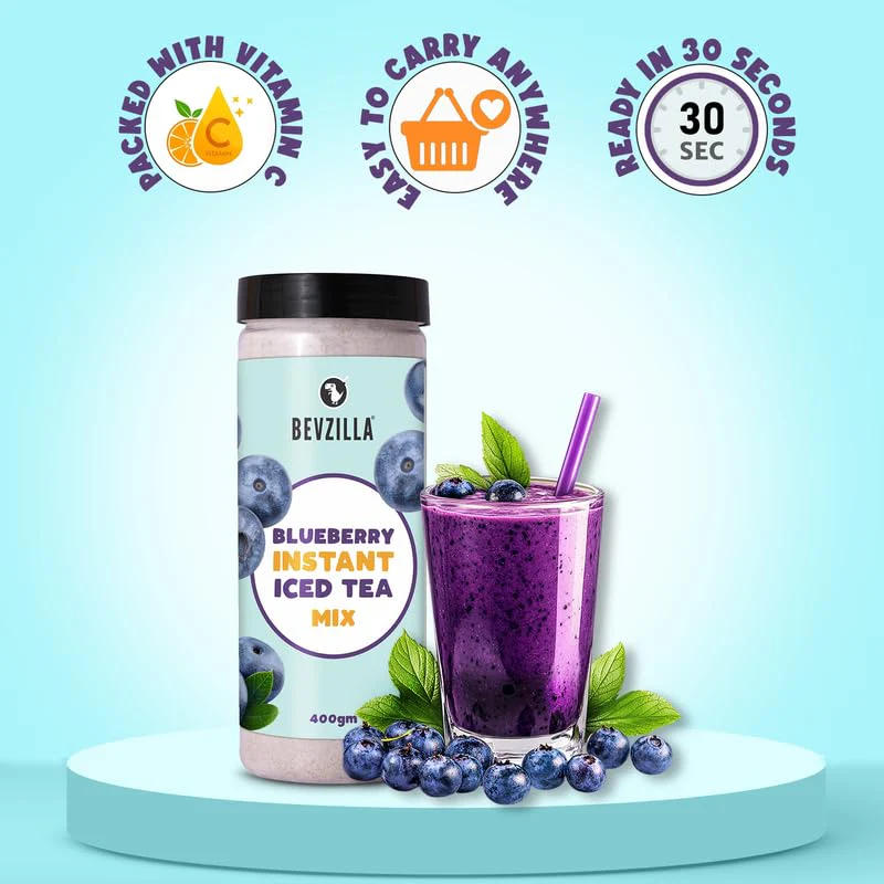 Bevzilla Blueberry Instant Iced Tea Mix - 400gm, 14.1 Ounce | Quick Ready In 30 Seconds - Perfect Refreshing Summer Drink | Easy To Carry Anywhere - Low Caffeine - Image 5