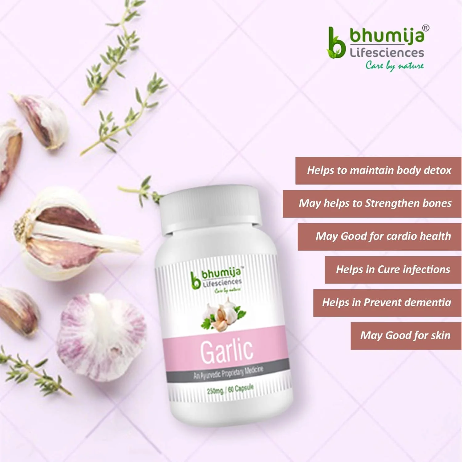 Bhumija Lifesciences Garlic 250mg Capsules Supports Digestive Health, Helps Lower Sugar & Improve Immunity | 60 Capsules 100gm 0.2lbs - Image 3