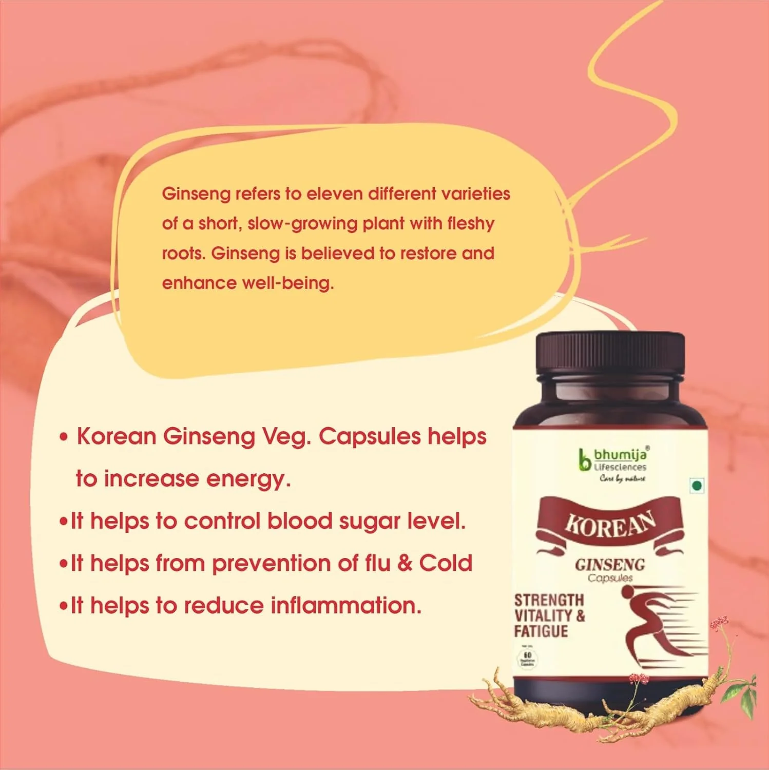 Bhumija Lifesciences Korean Red Ginseng, Helps In Improving Strength, Vitality & Is Effective For Fatigue | 60 Vegetarian Capsules 100gm 0.2lbs Each Pack Of 3 - Image 3