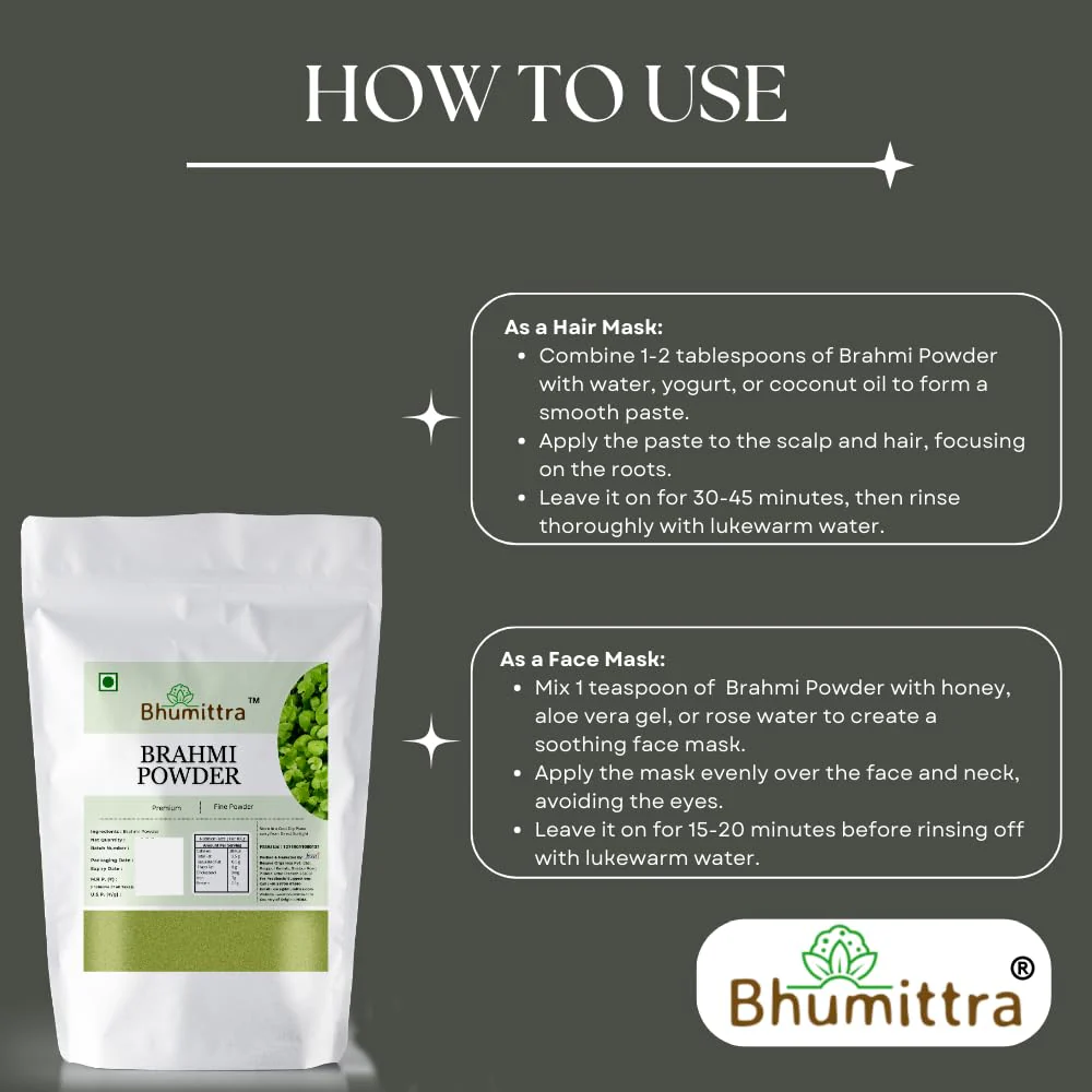 Bhumittra Premiun Brahmi Powder 100% Pure & Natural, No Added Preservatives, Helps Nourish The Scalp, Strengthening Hair Roots | 100gm 0.2lbs