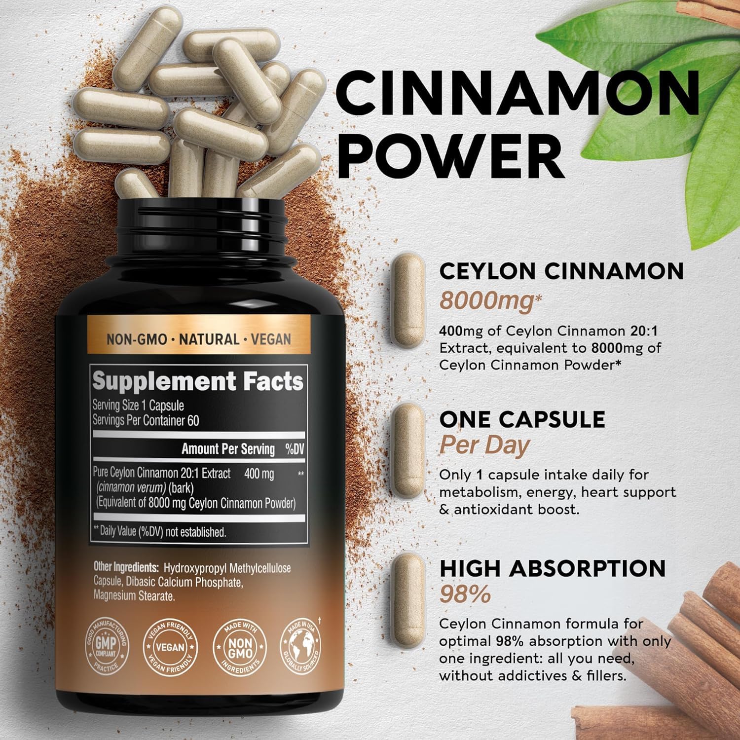 Bio Schwartz Ceylon Cinnamon Capsules 8000mg, Extra Strength Energy, Heart & Metabolism Support, For Men & Women, Pure Natural Extract 20:1 Supplement | 60 Vegan Pills 100gm 0.2lbs - Image 2