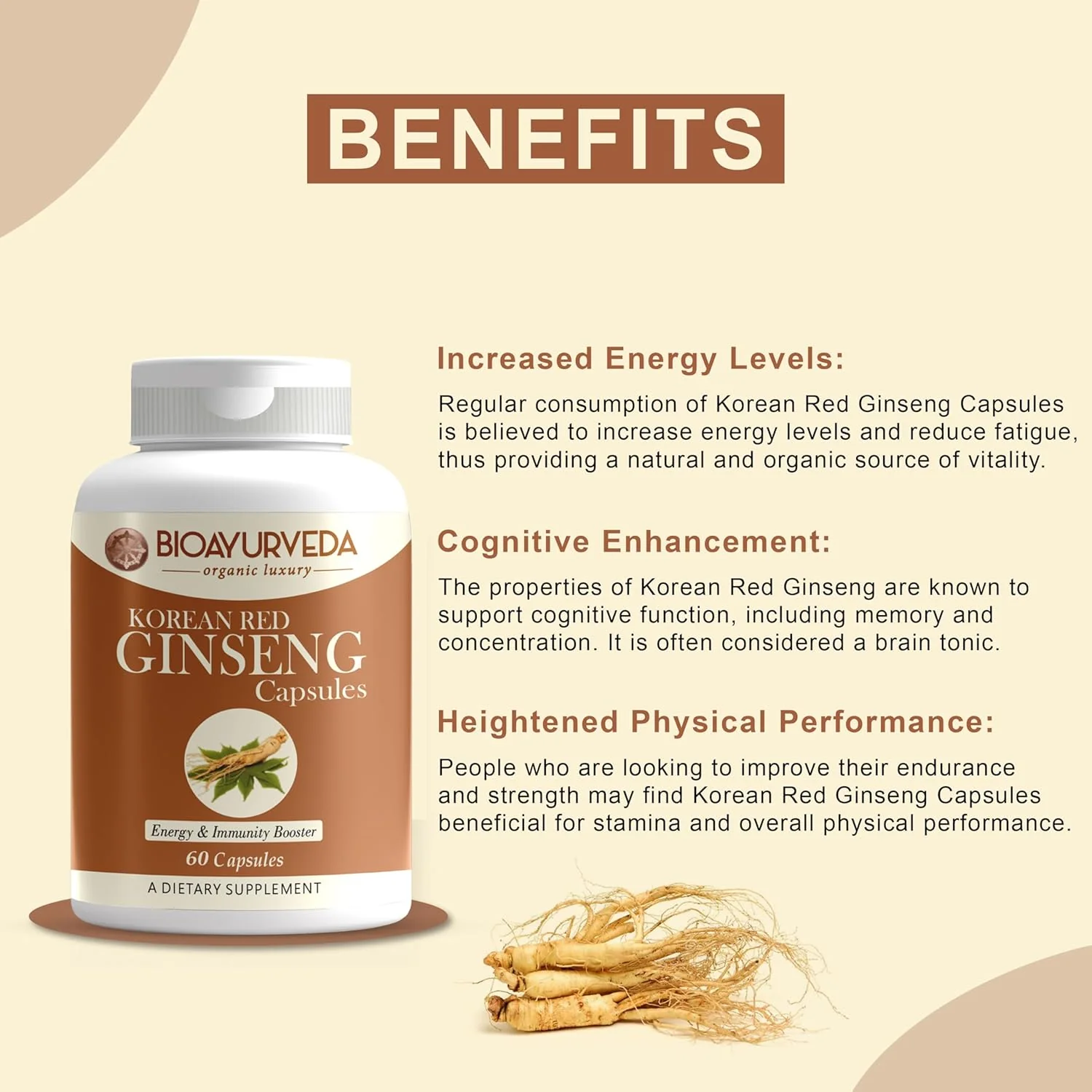 Bioayurveda Korean Red Ginseng For Energy & Immunity Boost, Enhance & Support Your Body's Defenses | 60 Capsules 100gm 0.2lbs - Image 3