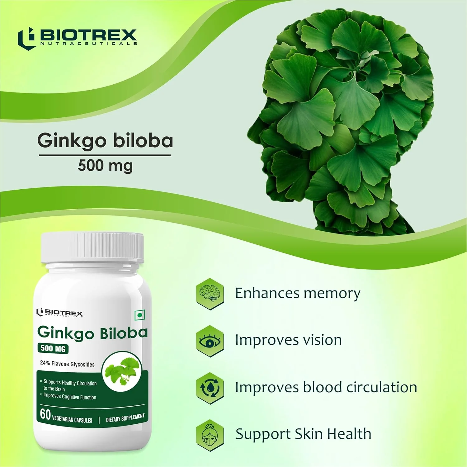 Biotrex Nutraceuticals Ginkgo Biloba With Brahmi 500mg, Supports Memory & Better Concentration, Healthy Blood Circulation, 24% Flavone Glycosides | 60 Veg Capsules 100gm 0.2lbs - Image 4