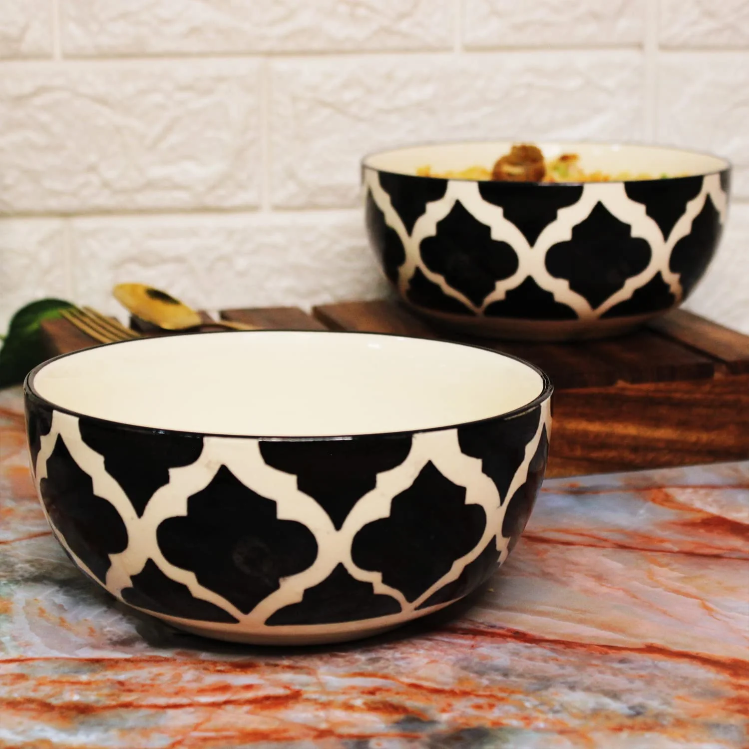 Black Moroccan Ceramic Serving Bowl Set Of 2 Pieces, 800ml Each | Hand Painted Large Dining Serving Bowls For Serving - Microwave Safe & Dishwasher Safe - Image 2