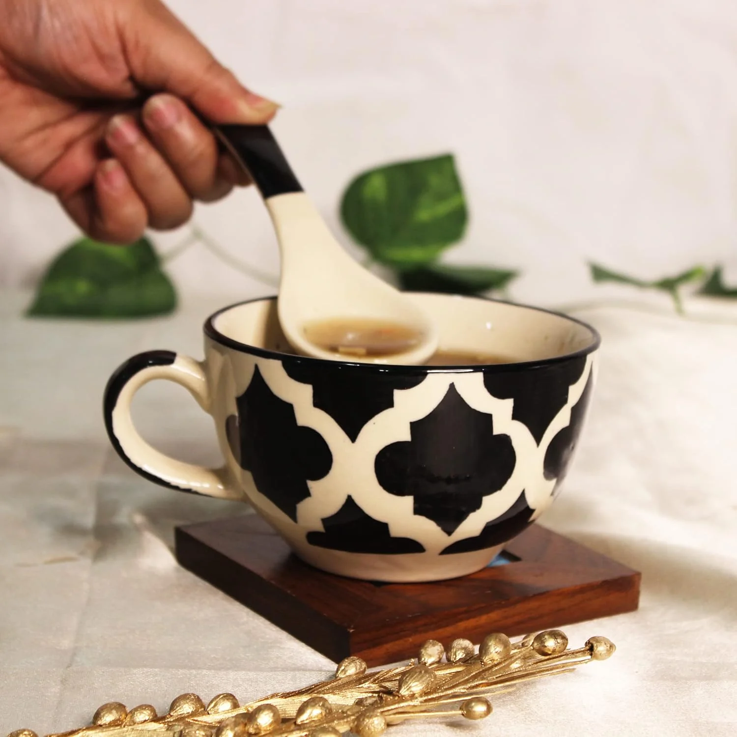 Black Moroccan Hand Painted Handled Ceramic Soup Bowls With Spoons Set Of 6 - 300ml Each | Serving Bowls With Matching Spoons | Ceramic Soup Cups - 6 Pieces, Microwave Safe & Dishwasher Safe - Image 2