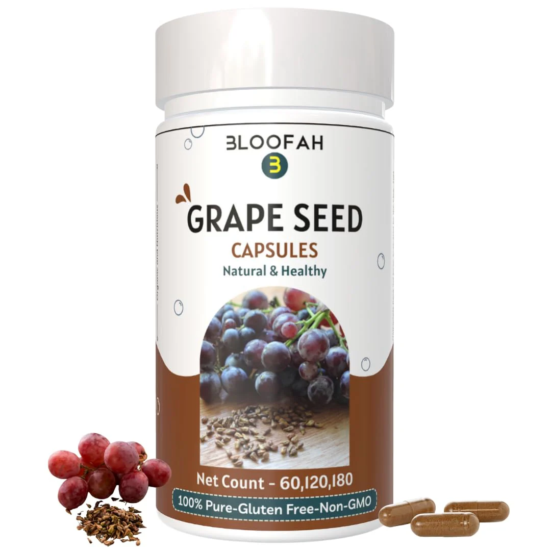 Bloofah Grape Seed Capsule 500mg Maximum Strength 10:1 Extract, Non - Gmo, Gluten Free Formula | Grape Seed Powder 60 Capsules Herbal Supplement, 100gm 0.2lbs