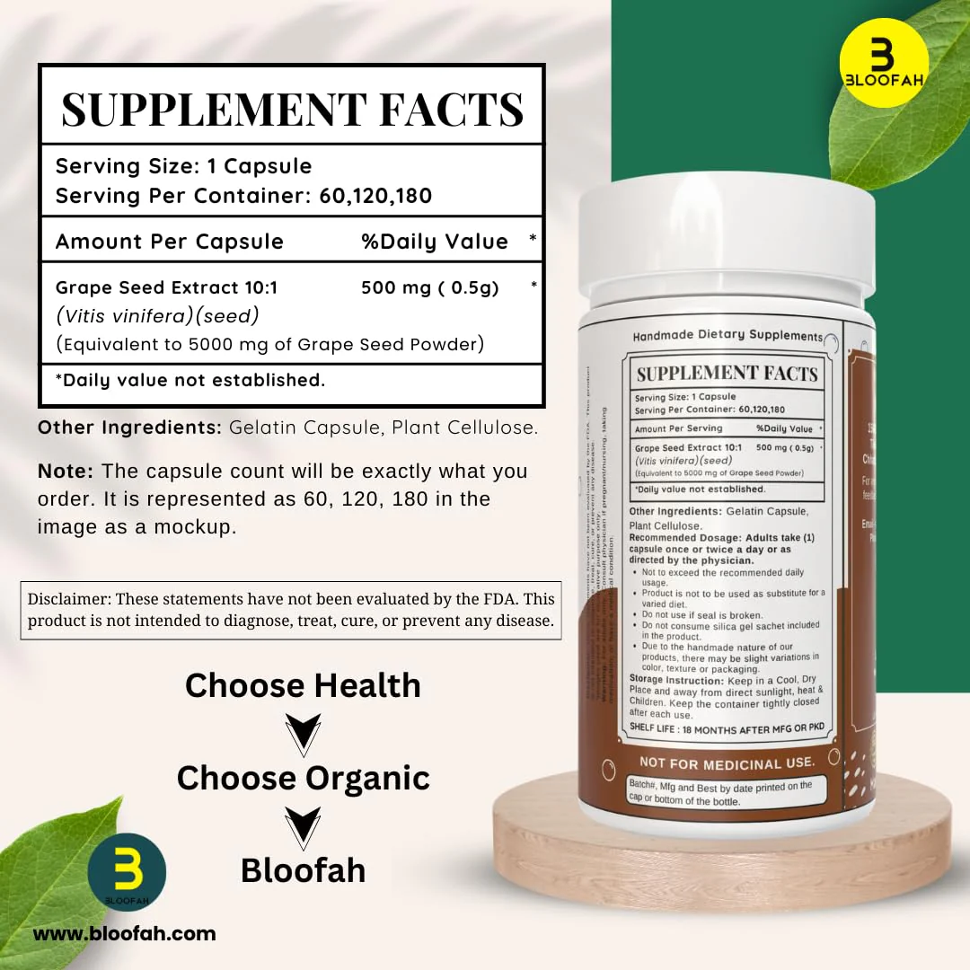 Bloofah Grape Seed Capsule 500mg Maximum Strength 10:1 Extract, Non - Gmo, Gluten Free Formula | Grape Seed Powder 60 Capsules Herbal Supplement, 100gm 0.2lbs - Image 2