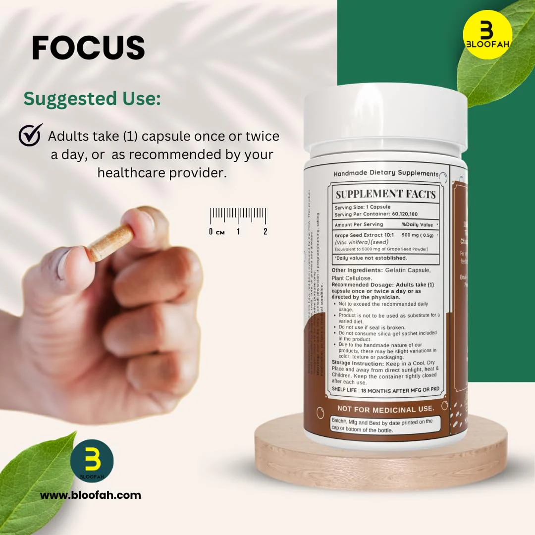 Bloofah Grape Seed Capsule 500mg Maximum Strength 10:1 Extract, Non - Gmo, Gluten Free Formula | Grape Seed Powder 60 Capsules Herbal Supplement, 100gm 0.2lbs - Image 5
