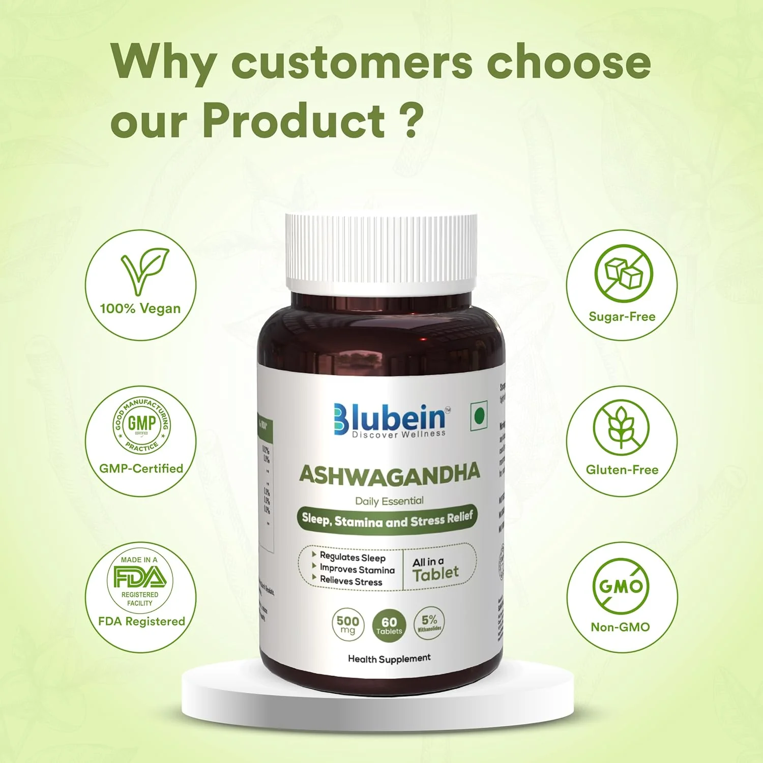 Blubein Ashwagandha Natural Stress Reliever, Enhances Physical Performance 500mg With 5% Withanolides, For Stress Relief & Anxiety Reduction | 60 Tablets 100gm 0.2lbs Each Pack Of 3 - Image 2