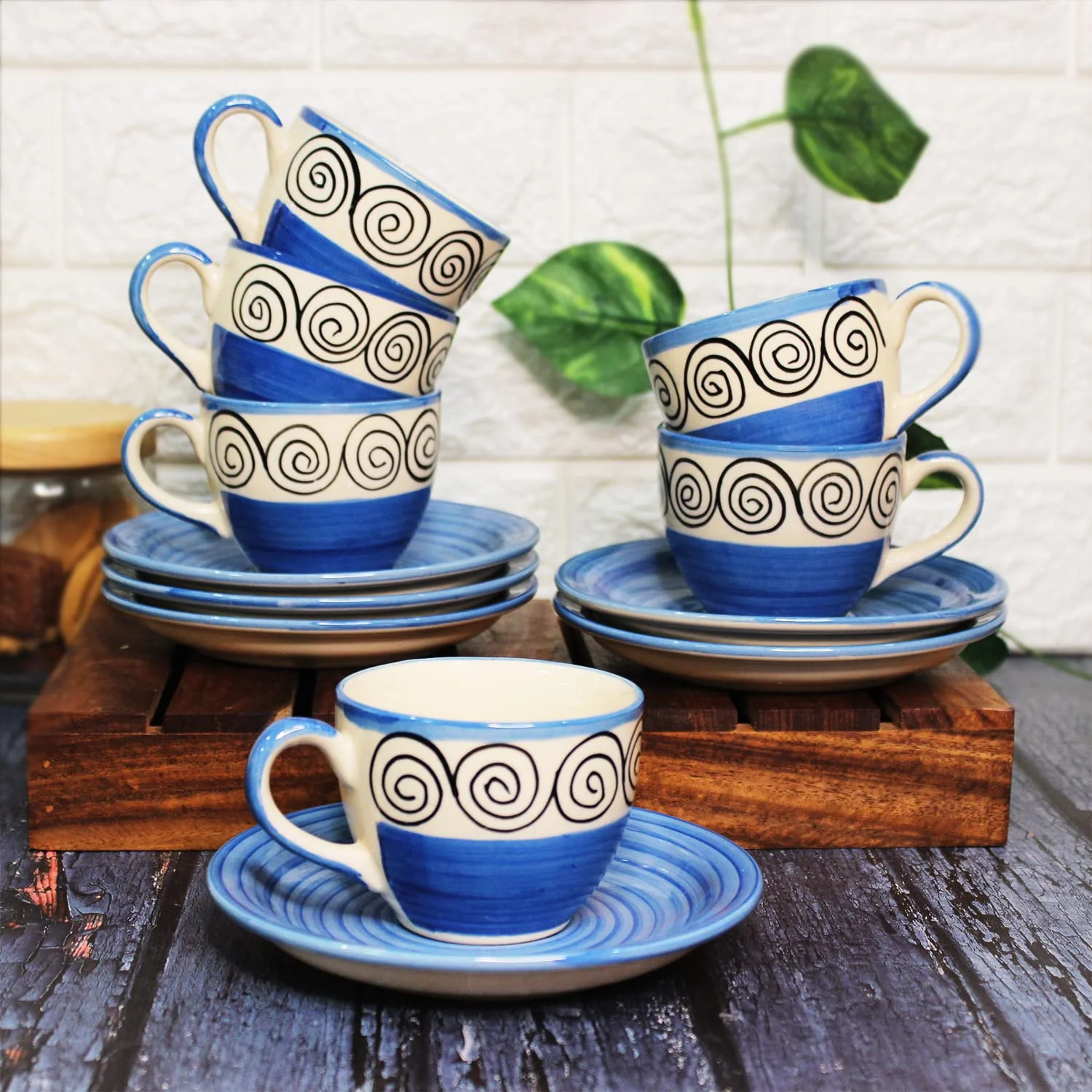 Blue Swirl Ceramic Cups & Saucers Set Of 6 | Tea Cup Set Of 6 Cups + 6 Saucers For Tea, Coffee, Hot Drinks - 12 Pieces, 150ml, Microwave Safe - Image 2