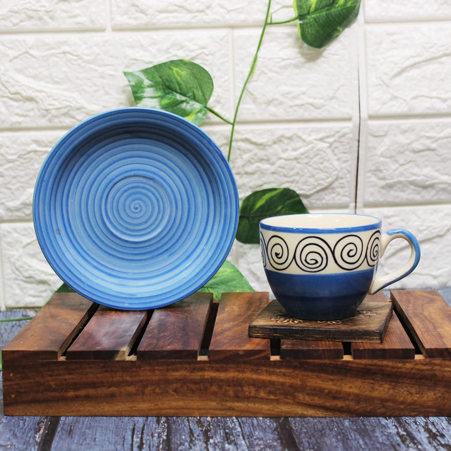 Blue Swirl Ceramic Cups & Saucers Set Of 6 | Tea Cup Set Of 6 Cups + 6 Saucers For Tea, Coffee, Hot Drinks - 12 Pieces, 150ml, Microwave Safe - Image 4