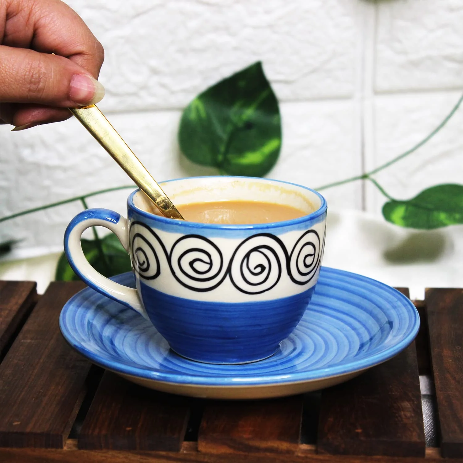 Blue Swirl Ceramic Cups & Saucers Set Of 6 | Tea Cup Set Of 6 Cups + 6 Saucers For Tea, Coffee, Hot Drinks - 12 Pieces, 150ml, Microwave Safe - Image 5