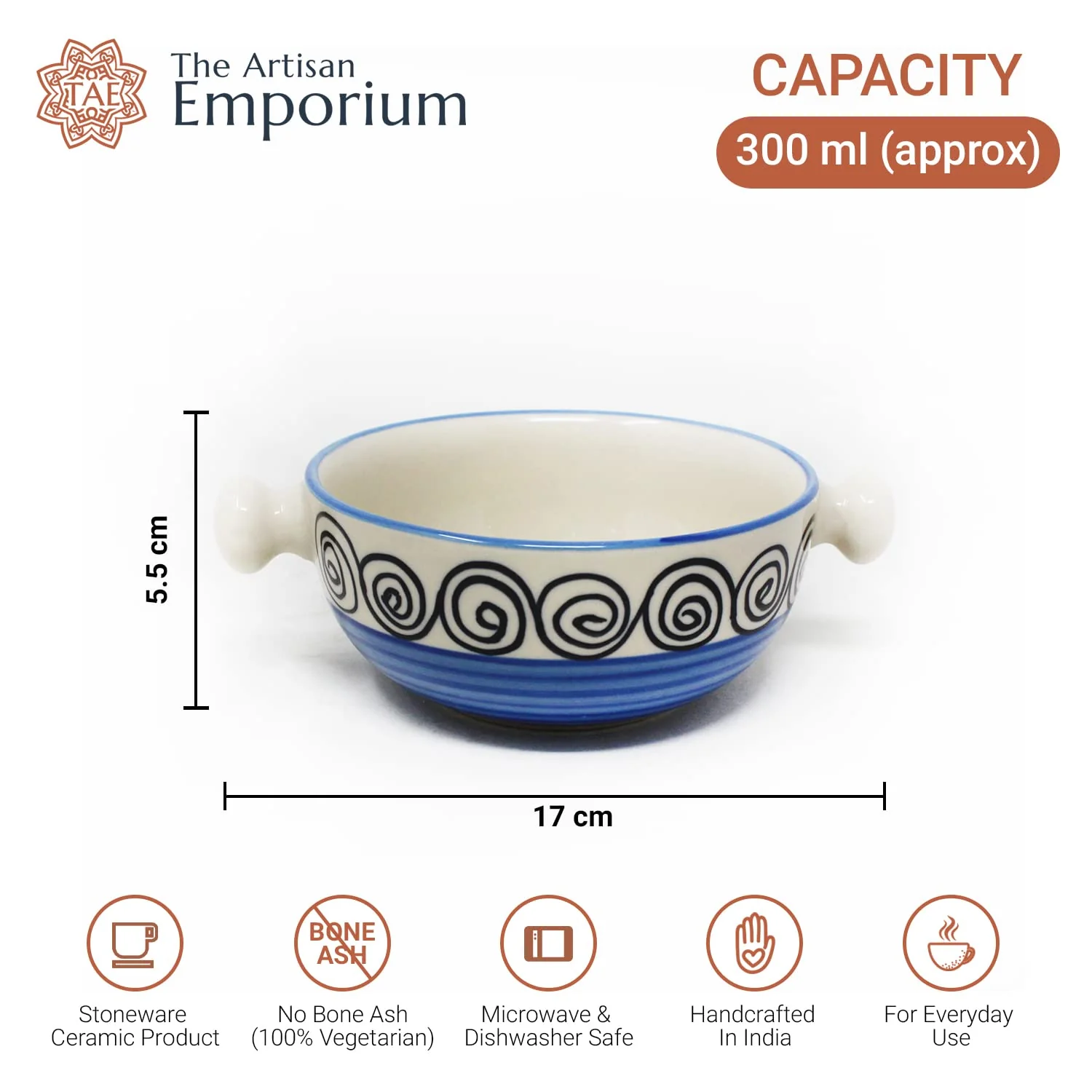 Blue Swirl Ceramic Snack Bowls With Handles - 2 Pieces, 300ml Each | Hand Painted Handled Soup Bowls - Ceramic Snacks Serving Bowls Set | Microwave Safe & Dishwasher Safe - Image 3
