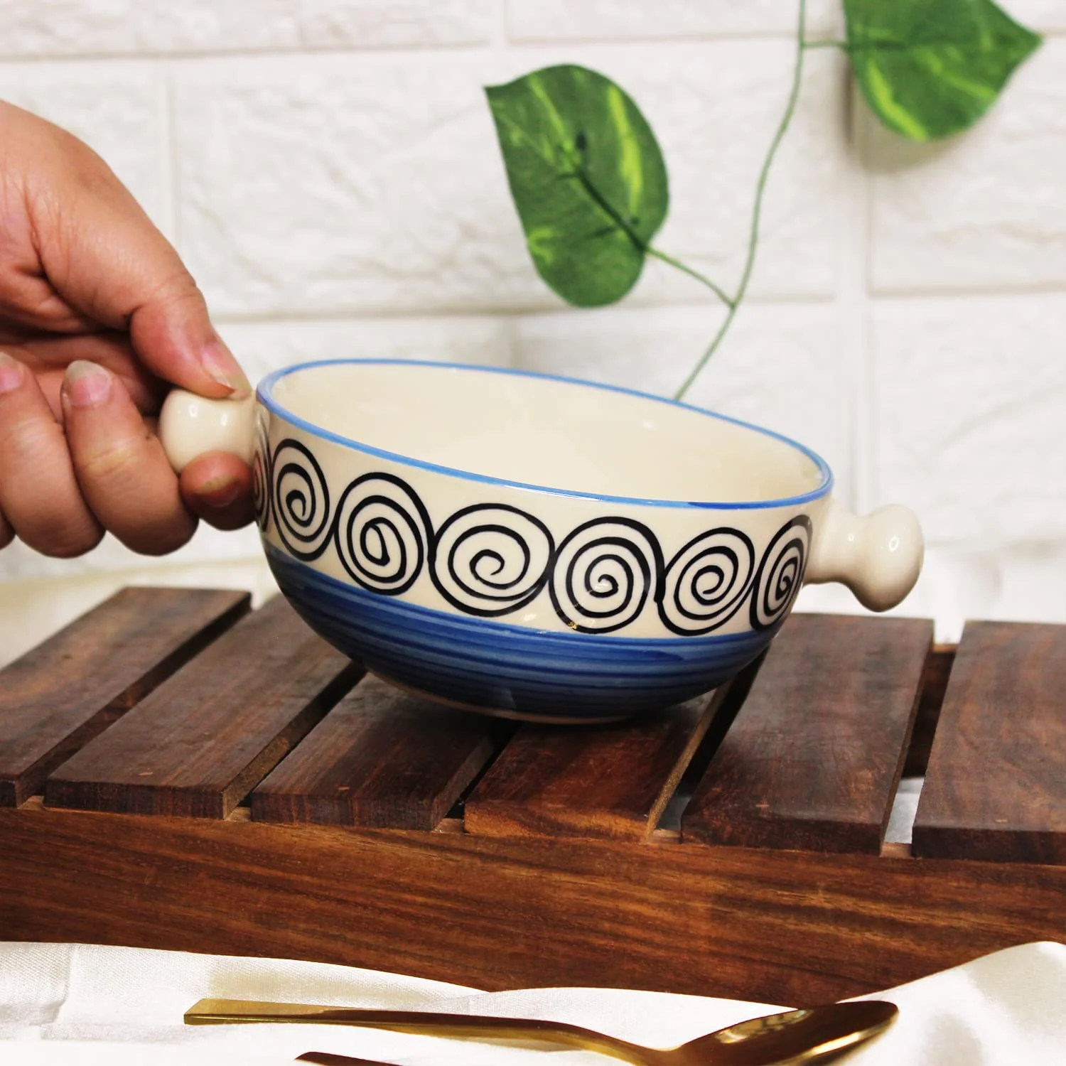 Blue Swirl Ceramic Snack Bowls With Handles - 2 Pieces, 300ml Each | Hand Painted Handled Soup Bowls - Ceramic Snacks Serving Bowls Set | Microwave Safe & Dishwasher Safe - Image 4