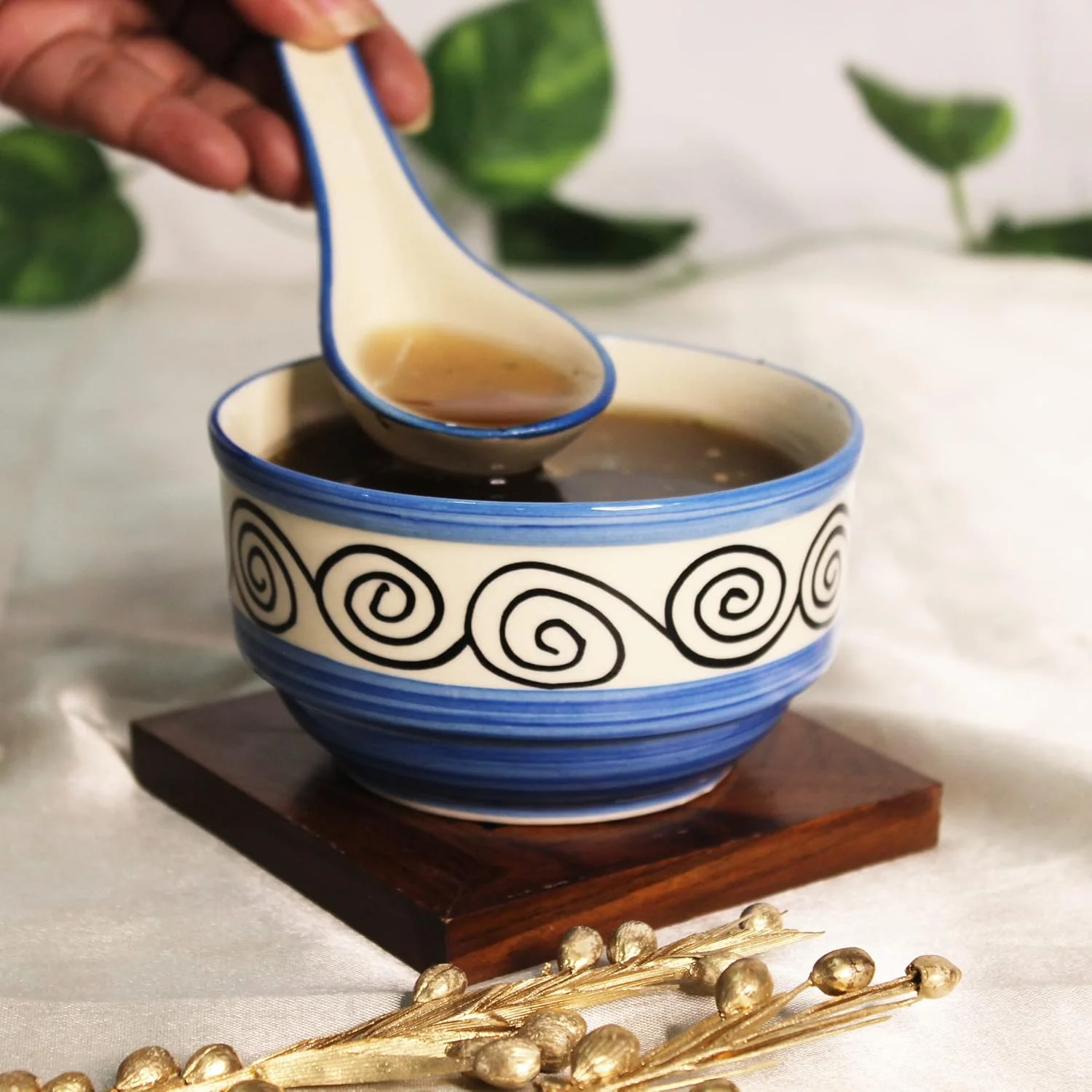 Blue Swirl Hand Painted Handled Ceramic Soup Bowls With Spoons Set Of 2 - 300ml Each | Serving Bowls With Matching Spoons | Ceramic Soup Cups - 2 Pieces, Microwave Safe & Dishwasher Safe - Image 2