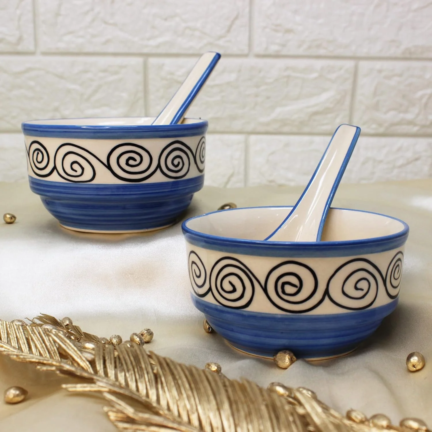 Blue Swirl Hand Painted Handled Ceramic Soup Bowls With Spoons Set Of 6 - 220ml Each | Serving Bowls With Matching Spoons | Ceramic Soup Cups - 6 Pieces, Microwave Safe & Dishwasher Safe - Image 3