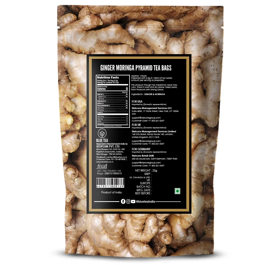 Blue Tea Caffeine Free Ginger Moringa Herbal Tea - 10 Pyramid Tea Bags In Zipper Pack | Enhances Immune System - Gluten Free, Non-GMO - Image 2