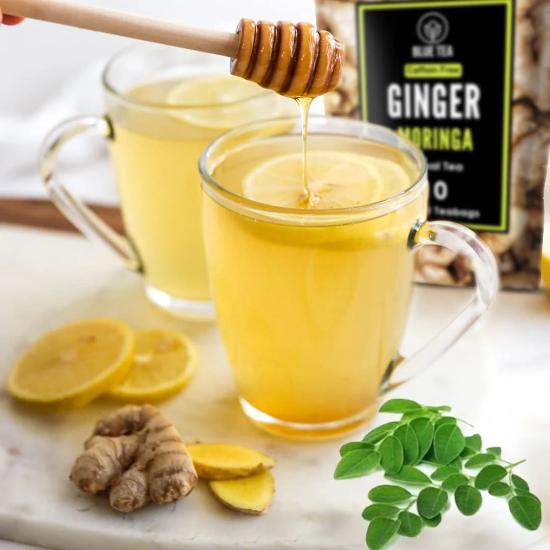 Blue Tea Caffeine Free Ginger Moringa Herbal Tea - 10 Pyramid Tea Bags In Zipper Pack | Enhances Immune System - Gluten Free, Non-GMO - Image 5